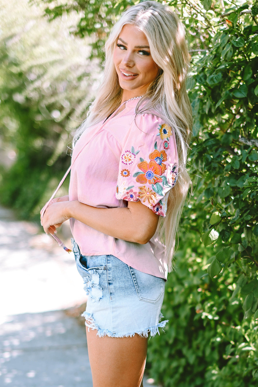 Beau Blue Floral Embroidered Puff Sleeve Split Neck Blouse