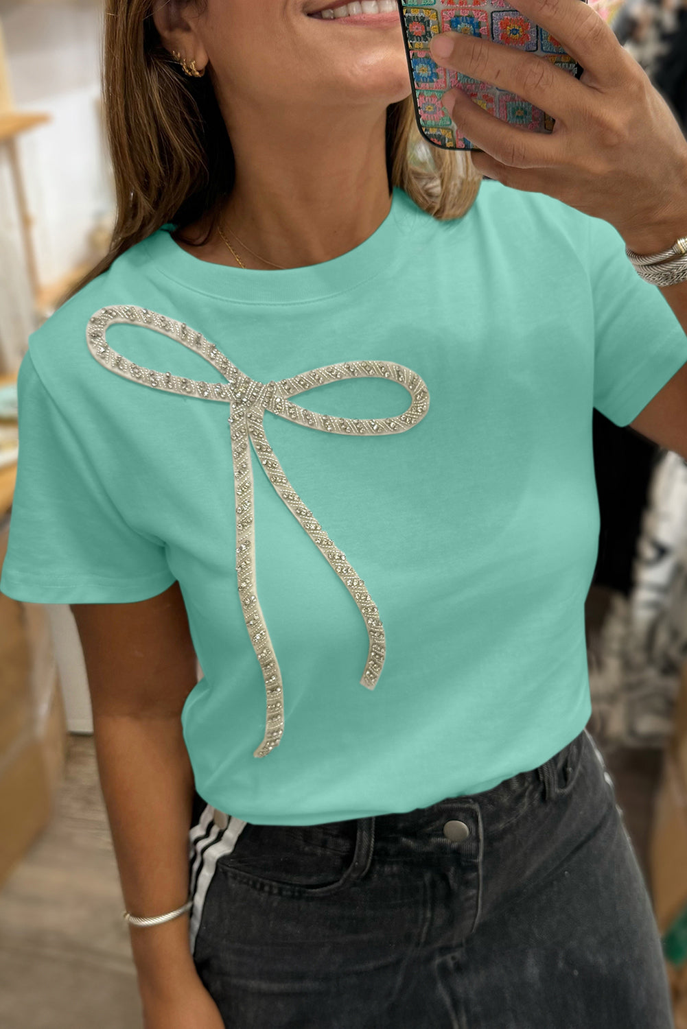 White Rhinestone Bow Embellished Round Neck Tee
