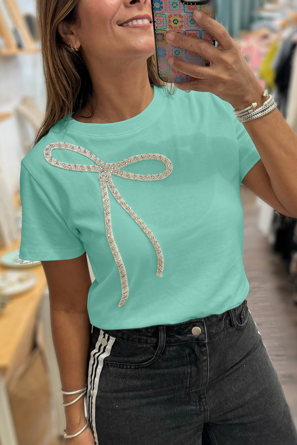 White Rhinestone Bow Embellished Round Neck Tee