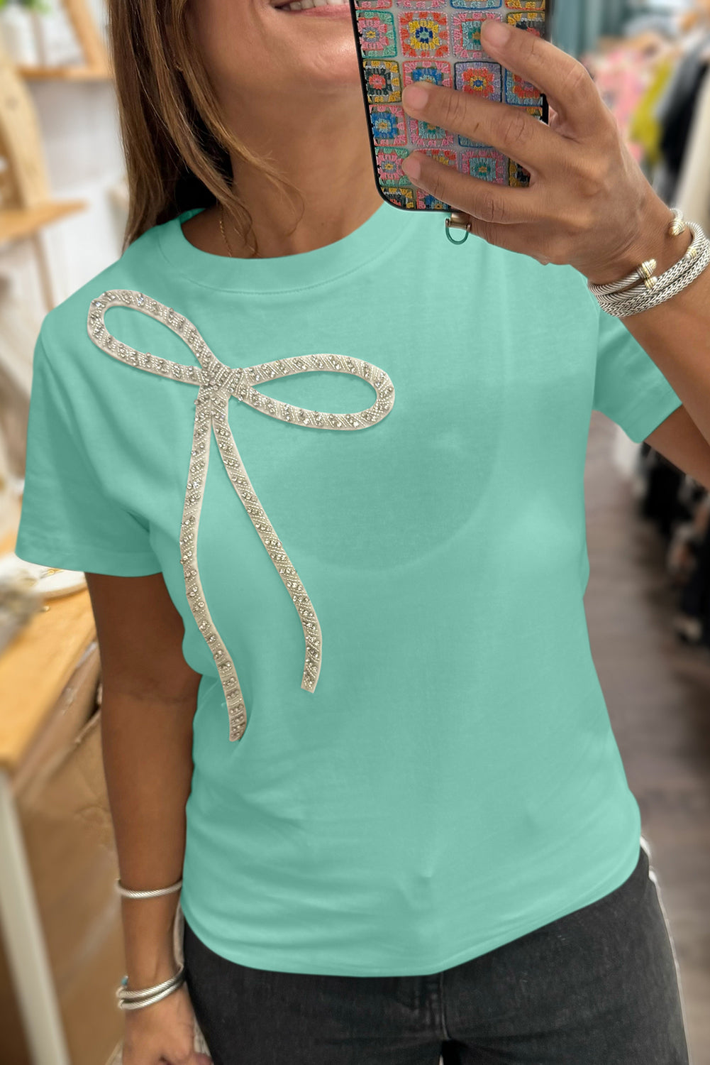 White Rhinestone Bow Embellished Round Neck Tee