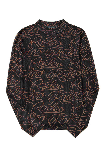 Black Western Rodeo Printed Mock Neck Long Sleeve Mesh Top
