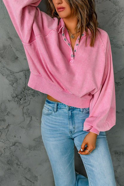 Blue Washed Snap Buttons Lantern Sleeve Pullover Sweatshirt